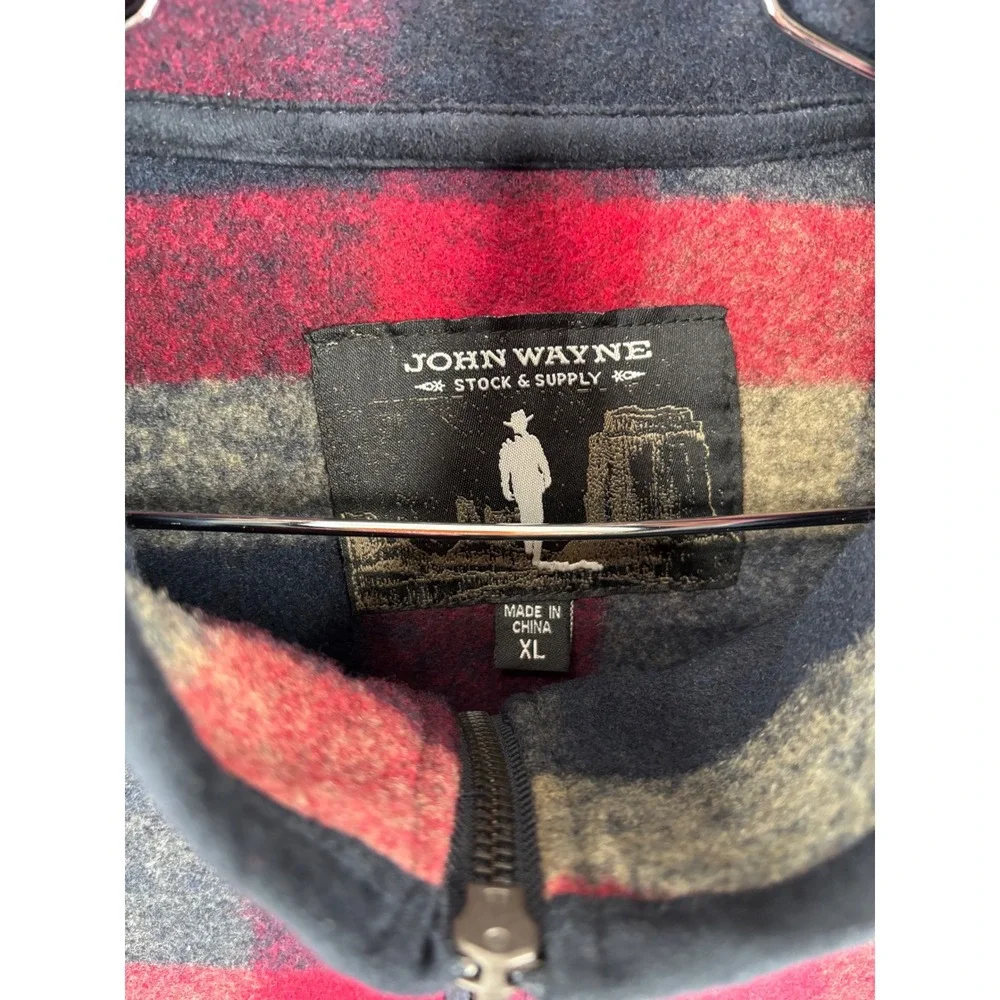 John Wayne Stock & Supply Mens XL Plaid Quarter Zip Fleece Pullover Red Blue 176